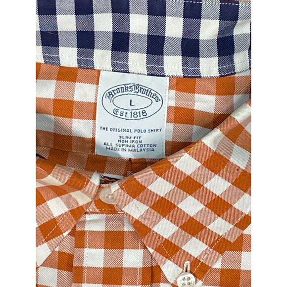Brooks Brothers Mens L Orange Gingham Button Down Non Iron Supima Cotton Shirt - Picture 8 of 13